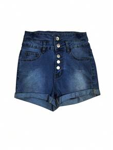 女士高腰优雅纽扣前牛仔短裤 - 深藍色 - 查看 4