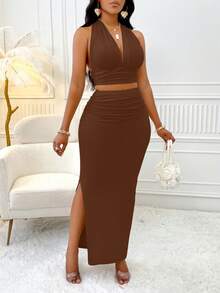 2Pcs Solid Color Deep V-Neck Backless Tied Cropped Vest Top & Slim Pleated Side Slit Long Skirt, Fashionable Two Pieces Set - Brown - View 2