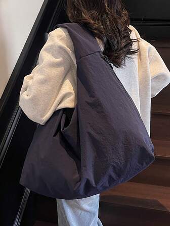 2025 New Navy Blue Nylon Fabric Bag, Large Capacity Solid Color Shoulder Bag, Japanese & Korean Casual Style, College Student Tote Bag, Versatile & Simple, Lightweight Foldable, Dual Zipper Pockets On Sides, Fashionable & Practical Tote Bag For Commuting & Travel