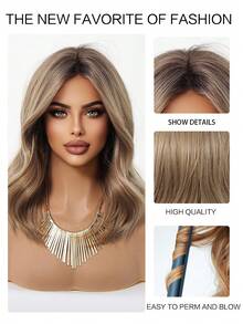 16-Inch Brown Ombre 8-Shaped Bangs Medium Curly Synthetic Heat-Resistant Fiber Wig, Suitable For Women's Daily Wear, Parties, Mother's Day, Music Festivals And Other Occasions - Brown Ombre - View 7