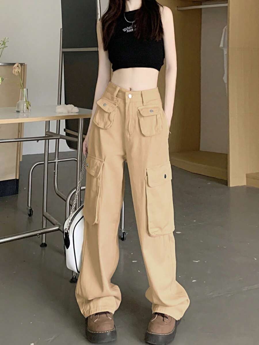 女士卡其色工装裤，新款休闲直筒复古棕色长裤，春秋