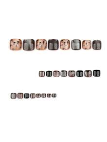 24pcs Short Square Cat Eye Leopard Black & Champagne Nail Sticker Strips With 1pc Nail File, 1pc Gel - Multicolor - View 2