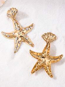 1 Pair Vintage Fashion Creative Metal Crystal Starfish & Shell Design Earrings For Women - Yellow Gold - View 3