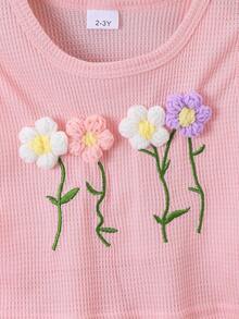 2 Stücke/Set Kleine Mädchen Frisch & Süß Süße 3D Blumen Dekor Ärmellose Top & Shorts Set, Sommer - Babypink - Übersicht 5