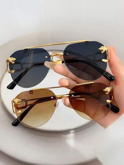 双梁大框时尚眼镜，无框休闲时尚眼镜，个性飞行员眼镜，男女皆宜，适合户外运动、聚会度假、旅行、自驾、钓鱼、骑自行车、装饰摄影道具，眼镜有多种颜色可供选择（黑色时尚眼镜、灰色时尚眼镜、蓝色时尚眼镜、绿色时尚眼镜、棕色时尚眼镜、透明眼镜）