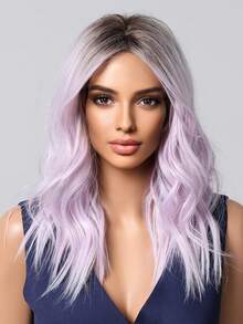 20英寸优雅渐变紫色波浪假发，女士齐肩中分卷发浅紫色波波头假发，外观自然，采用耐热合成纤维制成，适合日常佩戴、派对、角色扮演等场合。 - 漸層紫 - 查看 3