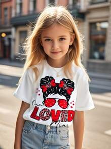 Tween Girl Cartoon Character & Letter Print Short Sleeve T-Shirt