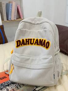 1 Pc New Style Girls' And Boys' Solid Color Letter Print Corduroy Backpack, Spacious Capacity, Adjustable Straps, Zipper Closure, Fashionable And Casual For School, Outdoor Activities, Travel, And Friend Gifts - A - View 5