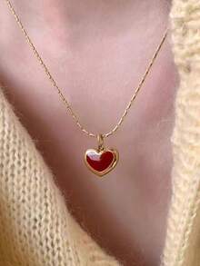1pc Women's Pendant Necklace, Red Heart Shaped Pendant, Minimalist & Versatile Jewelry, Suitable For Daily Wear And Gift, Valentine's Day Jewelry Gift