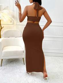 2Pcs Solid Color Deep V-Neck Backless Tied Cropped Vest Top & Slim Pleated Side Slit Long Skirt, Fashionable Two Pieces Set - Brown - View 6