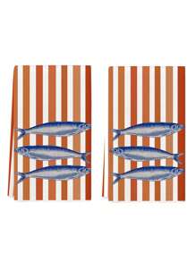 2pcs Kitchen Towels Sardines Orange Stripes Nautical Style Farmhouse Dish Towels Kitchen Dishwashing Hand Tea Towels Kitchen Decor Table Decor Kitchen Supplies For Kitchen Dining Table Suitable For Daily Use And Cleaning
