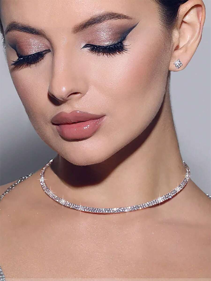 2pcs/Set Elegant Rhinestone Choker Necklace And Earrings Bridal Jewelry Set