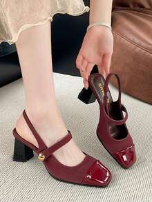 勃艮第复古法式玛丽珍高跟鞋，2025年春季新品，独特方头粗跟露背系带鞋，复古小皮鞋，女士浅口鞋 - 酒紅色 - 查看 5