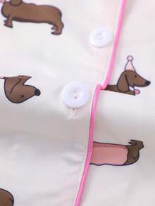 2pcs/Set Cute Dachshund Print Women Summer Pajama Set, Short Sleeve Collar Top And Loose Elastic Waist Shorts, Casual Sleepwear And Homewear Set For Women All Season, Spring