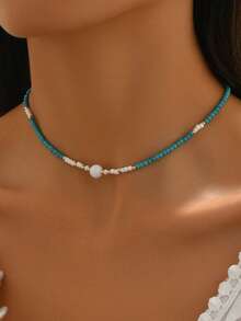 1 pieza Collar gargantilla minimalista y clásico con cuentas multicolor, adecuado para fiestas y uso diario de mujeres - Azul - Ver 3