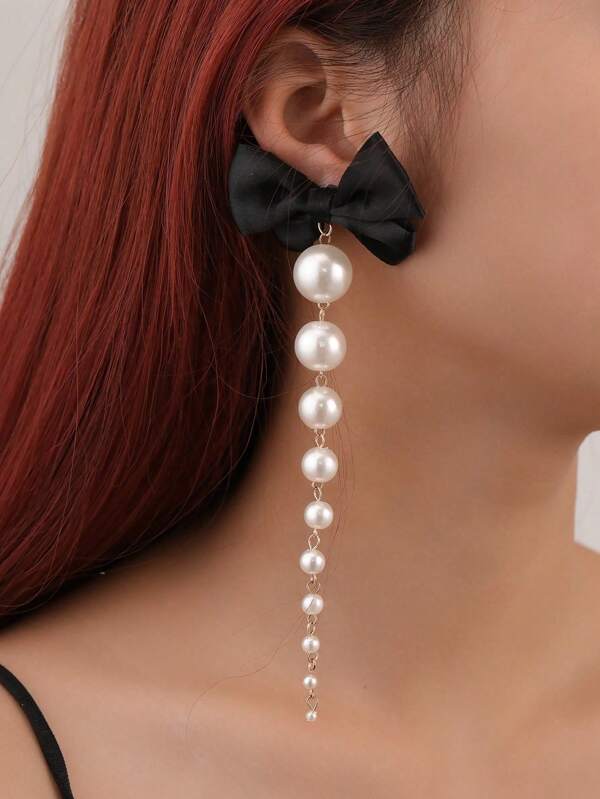 1 Pair Elegant Bowknot Faux Pearl Tassel Drop Earrings, Fashion Versatile Jewelry Suitable For All Seasons