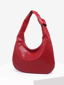 1pc Women's Vintage Minimalist Casual Angola Red Faux Woven Artificial Leather Large Capacity Shoulder Bag Suitable For Outing, Dating, Commuting - Red - View 2
