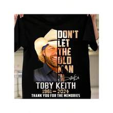 Camiseta gráfica "No dejes que entre el viejo" de Toby Keith - Camiseta de algodón informal unisex, negra con impresión dorada y blanca, manga corta, cuello redondo, regalo perfecto para el Día de San Valentín, Pascua y Día de la Beca - Negro - Ver 1