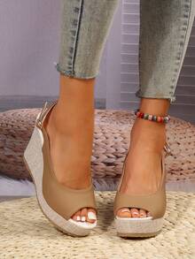 Khaki Woven Bottom Rope Thick Bottom Wedge Heel Peep Toe Sandals, Versatile - Khaki - View 7