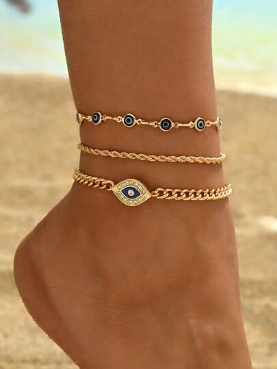 Set de 3 tobilleras de cadena con ojo malvado de moda, joyería de pie minimalista y popular de metal para mujer, adecuada para uso diario, vacaciones en la playa, citas, longitud de cadena personalizable, cantidad de cuentas no fija