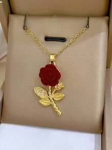 1pc Stainless Steel Rose Flower Necklace, Luxury Fully Paved Diamond Charm Necklace For Women, Versatile Choker Necklace, Not Include Gift Box, Suitable For Valentine's Day, Christmas, Thanksgiving, Easter, Mother's Day, Gift For Friends And Family - Necklace - View 5