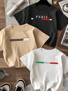 Set de 3 camisetas de manga corta de cuello redondo con estampado casuales para niños y adolescentes estudiantes, tops de verano