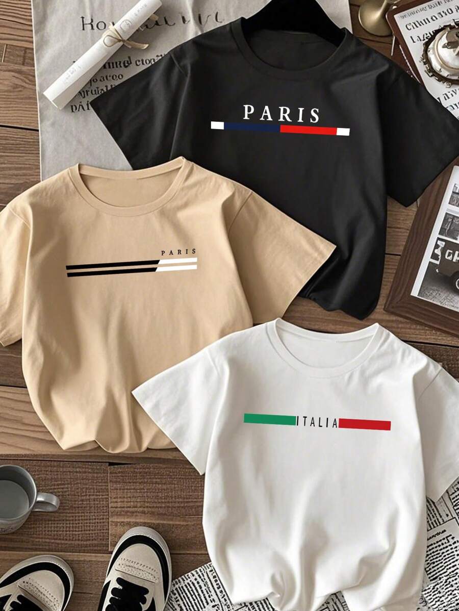 Set de 3 camisetas de manga corta de cuello redondo con estampado casuales para niños y adolescentes estudiantes, tops de verano