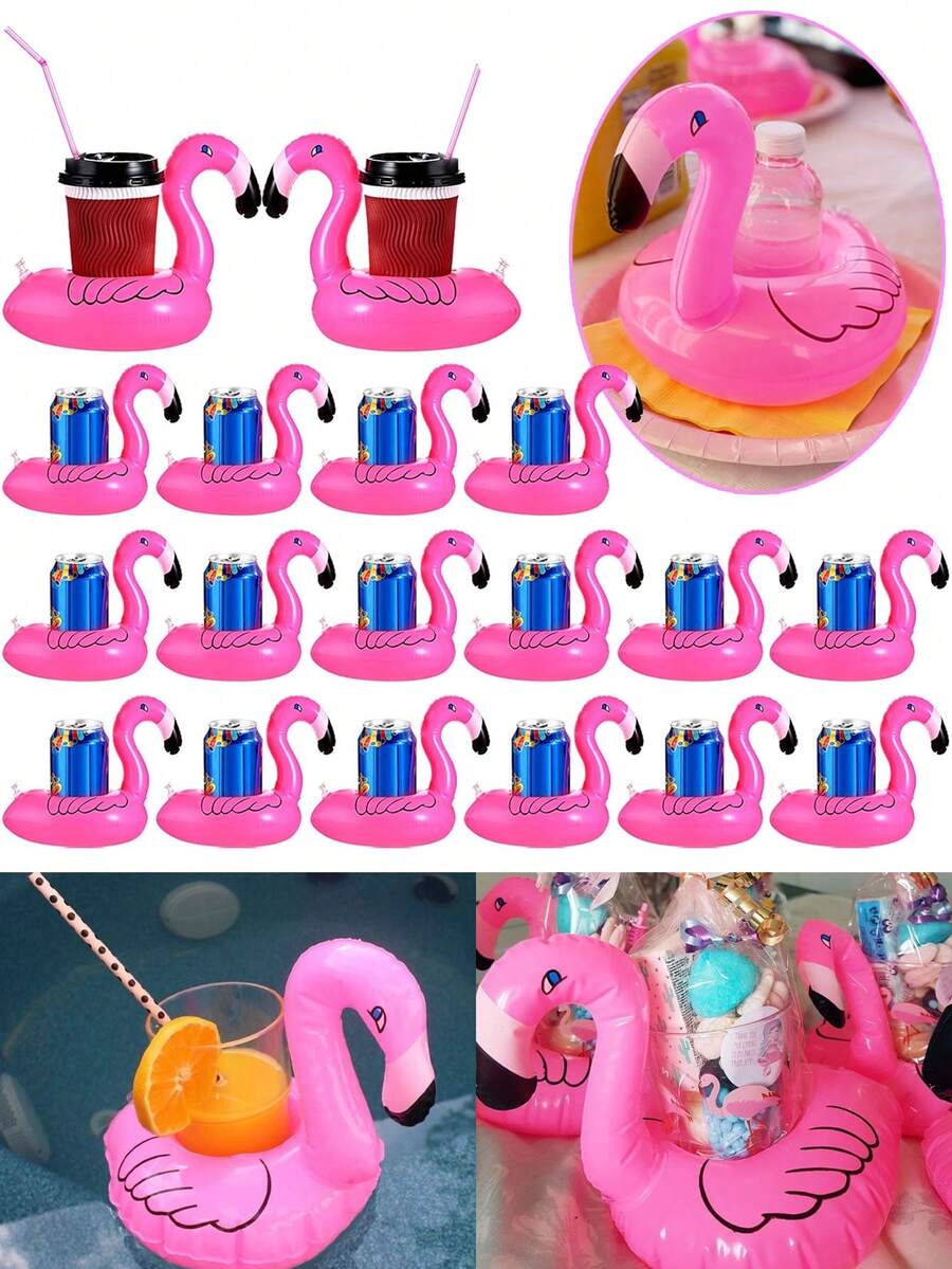 24/12/6pcs (With Air Pump) Flamingo Coasters,Inflatable Drink Holders,Flamingo Straw Pool Float, For Summer Hawaiian Birthday Party Tableware Decor, Straws Not Included - Multicolor - View 1