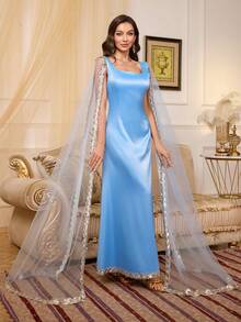 Women's Square Neck Glamorous Mesh Lace & Sequin Panel Dress - Blue - View 5