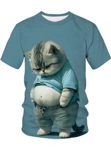 加大码男士休闲猫咪图案 T 恤，短袖，涤纶和氨纶混纺，可机洗，适合夏季户外活动