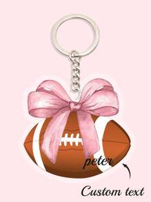 1pc Customized Cute Bow Sports Keychain (Football/Basketball/Volleyball), Upload Your Name, Personalized Keychain Gift For Her/Him, UV Printing Craft