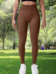 Seamless High Waisted Women's Hip Lifting Outdoor Fitness Leggings, Sports Yoga Leggings, High Elasticity Solid Color - Coffee Brown - View 2