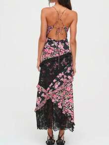 Summer Boho Maxi Dresses For Women Casual Y2k Floral Print Sleeveless Lace Patchwork Backless Ruffles Long Dress Spaghtti Strap Sling Dress Beach Vacation Sundress Streetwear Flowy Swing Dress - màu đen - Xem 2