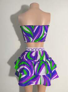 2pcs/Set Women Holiday Casual Colorful Print Tube Top And Ruffle Skirt,Summer Cute Set,Beachwear,Beach Outfits,Vacation Outfits Woman,Summer Outfit,Tropical Vacation Woman Clothes