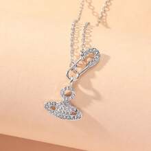 1入組維維安滿鑽土星胸針吊墜項鍊，高端時尚匹配華麗頸鍊 - 金黃色 - 查看 5