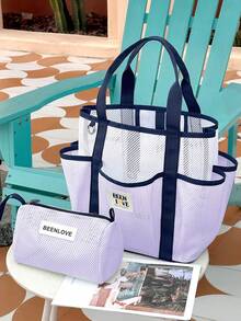 Conjunto de 1 Necessaire de Praia Grande em Nylon com Bolso para Óculos, Tamanhos P/G, Bolsa Tote Portátil com Vários Bolsos, Lavável, Cor Clara, Resistente à Areia, Ideal para Praia, Maquiagem e Cosméticos, Bolsa de Viagem, Bolsa para o Dia a Dia, Lancheira, Presente para o Início do Semestre, Primavera/Início do Verão, Aniversário, Férias, Uso Diário, Feriados, Dia das Mães, Bolsa, Necessaire de Maquiagem, Item Essencial para Viagem - Roxo Malva - Ver 2