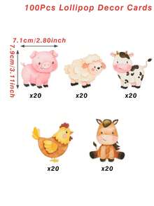 48个农场动物主题棒棒糖托，纸质卡片，适用于生日、婴儿派对、婚礼、派对用品和一般节日装饰 - 彩色 - 查看 7