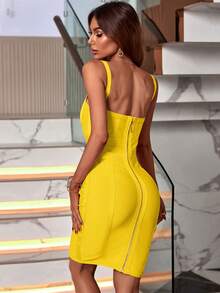 Summer Elegant Spaghetti Strap V Neck Short Bodycon Dress Women Ribbed Bandage Dress Sexy Yellow Night Out Cocktail Party Dress Clothes - Yellow - View 9