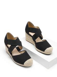 Womens's Wedges Sandals Close Toe Espadrilles Platform Slip On Elastic  Cross Straps Dressy  Black Sandals Matching Dress - 黑色 - 查看 5