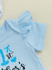 Conjunto de 3 piezas para bebé niña, con estampado de letras, cuello redondo, manga corta, mono, cintura elástica, pantalones cortos, diadema - Azul - Ver 4