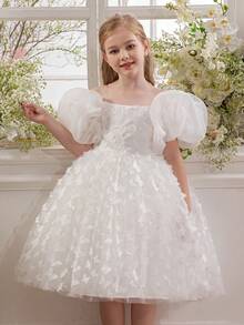 Young Girl Elegant Puff Sleeve Dress, Multi-Color Bow Tulle Princess Dress, Suitable For Girls' Birthday Party, Wedding, Bridesmaid, Holiday Occasions - White - View 6