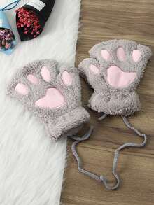 1 Pair Cute Cat Paw Fingerless Gloves, Plush Half-Finger Gloves, Warm & Cold-Resistant, Suitable For Girls Daily Use In Winter (With Rope) - Multicolor - View 21