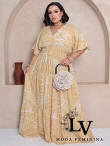 Plus Size Long Dress V Neck Short Sleeve - Nude Estam. - View 1