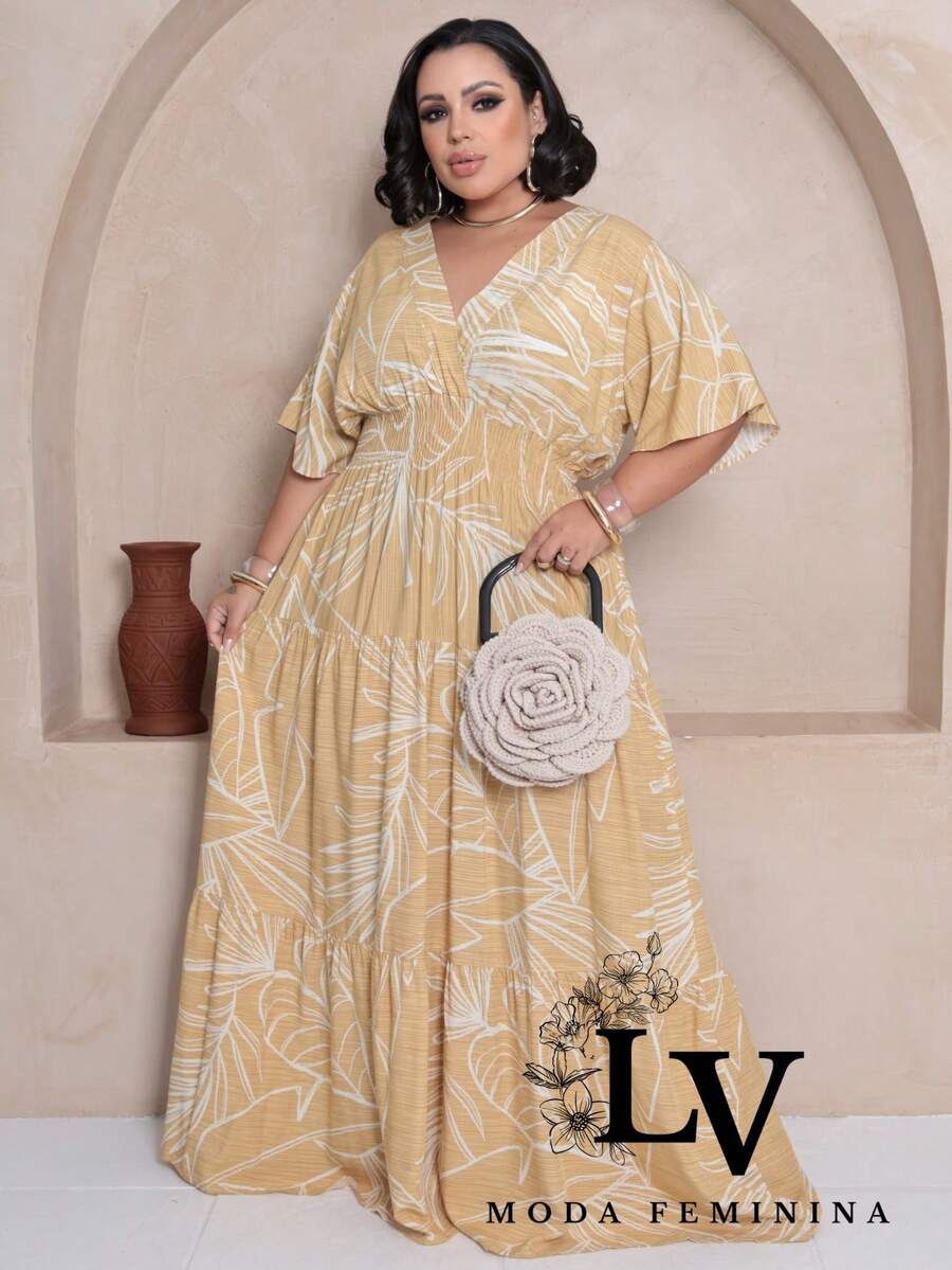 Plus Size Long Dress V Neck Short Sleeve - Nude Estam. - View 1