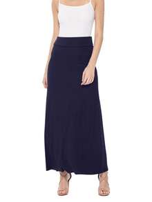 Maxi Length High Waist Foldable Waistband Solid Skirt  Plain  Casual  Elegant  Knitted Fabric        Home  Office  Street  Daily - 藏蓝色 - 查看 4