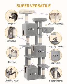 HEXCELEN 76" Cat Tree, Large Cat Tower For Indoor Cats, Cats House Furniture With 2 Platforms, 3 Condos, 7 Scratching Posts, 1 Basket, Pompoms, Washable Cushion, Cat Necessities, Cat Toys, Light Grey - 淺灰色 - 查看 7