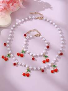 2 pezzi/set Collana e braccialetto in perle finte a forma di fragola e ciliegia, gioielli da ragazza, adatti per uso quotidiano, vacanze, feste, regali