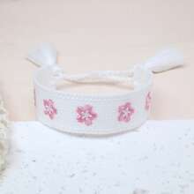 1 pieza Pulsera de estilo bohemio hecha a mano con bordado floral y borlas, ajustable, adecuada para regalos a amigos, familia, estudiantes, para vacaciones, fiestas, viajes y bodas - Blanco - Ver 4