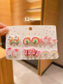 12 件可爱彩色夹式耳环，女孩无穿孔耳环配饰