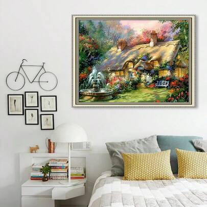 qingfei Casa de campo com jardim e impressão de precisão, ponto cruz, decoração de quarto, decoração de casa, costura, bordado faça você mesmo, Vietnã e Camboja